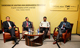 From L-R; Dr. Huashang Wang, Chairman of the OmniVoltaic Board; Mr. Enamul Karim Pavel, Head of Renewable Energy Department, IDCOL; Mr. Siddique Zobair, Joint Secretary, Ministry for Power, Energy and Mineral Resources, Bangladesh; and Mr Itotia Njagi of Lighting Africa program in a panel discussion during the launch of the Lighting Asia/Bangladesh program.